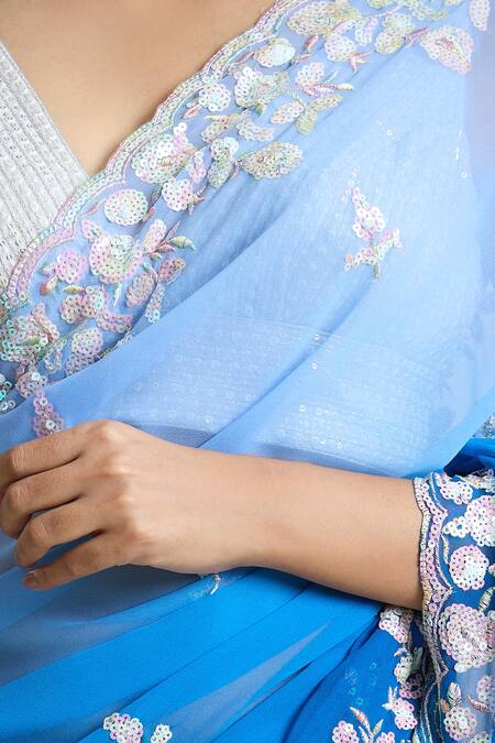Naintara Bajaj_Blue Georgette, Brocade Ombre Embellished Saree With Unstitched Blouse Piece_at_Aza_Fashions