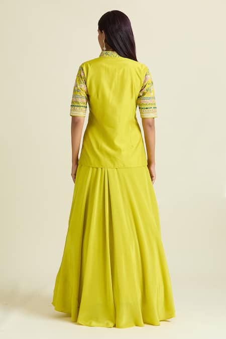 Shop Samyukta Singhania Yellow Organza, Taffeta, Denim, Crepe Solid Lehenga Set With Floral Slit Kurta at Aza Fashions Shop_Samyukta Singhania_Yellow Organza, Taffeta, Denim, Crepe Solid Lehenga Set With Floral Slit Kurta _at_Aza_Fashions