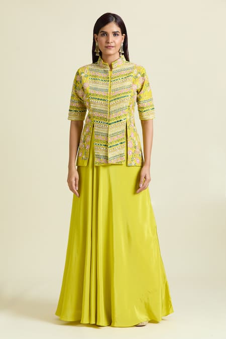Samyukta Singhania Yellow Organza, Taffeta, Denim, Crepe Solid Lehenga Set With Floral Slit Kurta Online at Aza Fashions Samyukta Singhania_Yellow Organza, Taffeta, Denim, Crepe Solid Lehenga Set With Floral Slit Kurta _Online_at_Aza_Fashions