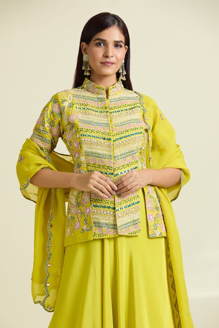 Shop Samyukta Singhania Yellow Organza, Taffeta, Denim, Crepe Solid Lehenga Set With Floral Slit Kurta Online at Aza Fashions Shop_Samyukta Singhania_Yellow Organza, Taffeta, Denim, Crepe Solid Lehenga Set With Floral Slit Kurta _Online_at_Aza_Fashions