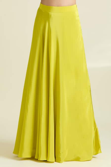 Samyukta Singhania Yellow Organza, Taffeta, Denim, Crepe Solid Lehenga Set With Floral Slit Kurta at Aza Fashions Samyukta Singhania_Yellow Organza, Taffeta, Denim, Crepe Solid Lehenga Set With Floral Slit Kurta _at_Aza_Fashions