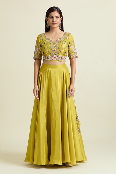 Samyukta Singhania Yellow Tissue, Taffeta Sequins, Solid Lehenga Floral Embroidered Jacket Set Online at Aza Fashions Samyukta Singhania_Yellow Tissue, Taffeta Sequins, Solid Lehenga Floral Embroidered Jacket Set _Online_at_Aza_Fashions