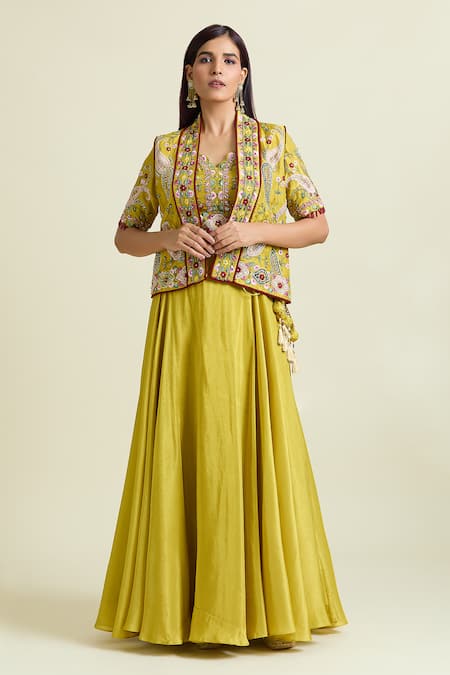 Buy Samyukta Singhania Yellow Tissue, Taffeta Sequins, Solid Lehenga Floral Embroidered Jacket Set Online at Aza Fashions Buy_Samyukta Singhania_Yellow Tissue, Taffeta Sequins, Solid Lehenga Floral Embroidered Jacket Set _Online_at_Aza_Fashions