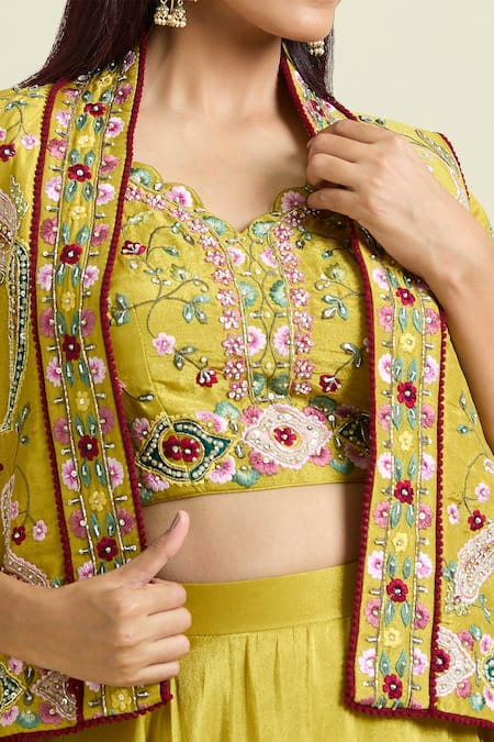 Shop Samyukta Singhania Yellow Tissue, Taffeta Sequins, Solid Lehenga Floral Embroidered Jacket Set Online at Aza Fashions Shop_Samyukta Singhania_Yellow Tissue, Taffeta Sequins, Solid Lehenga Floral Embroidered Jacket Set _Online_at_Aza_Fashions