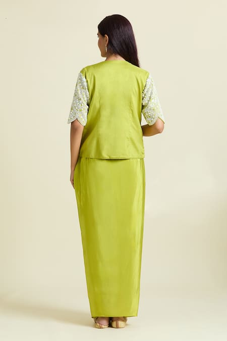 Shop_Samyukta Singhania_Green Crepe, Taffeta, Denim Sequins, Embellished Scalloped Jacket Skirt Set _at_Aza_Fashions