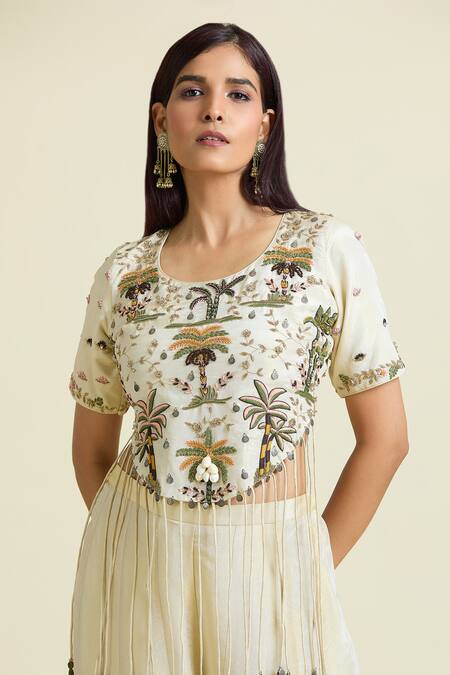 Shop_Samyukta Singhania_Ivory Tissue, Taffeta Tassels, Embroidery Dabka Thread Crop Top With Palazzo _Online_at_Aza_Fashions