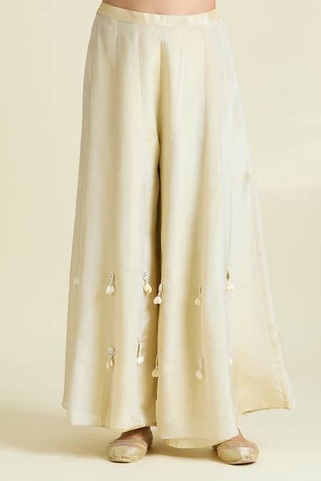 Samyukta Singhania_Ivory Tissue, Taffeta Tassels, Embroidery Dabka Thread Crop Top With Palazzo _at_Aza_Fashions