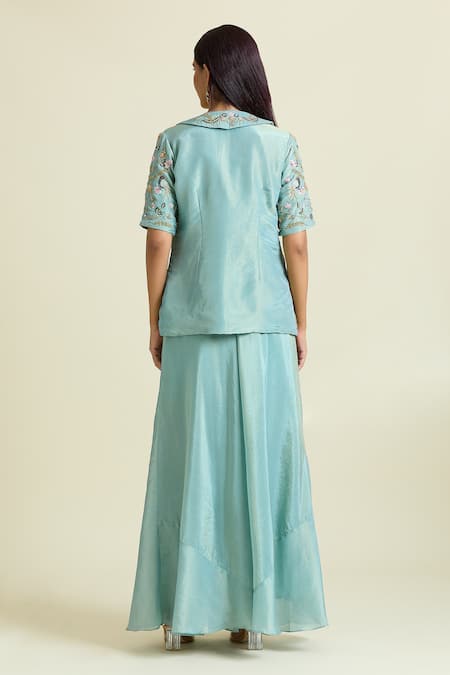 Shop Samyukta Singhania Blue Tissue, Taffeta Sequins, Beads Nature Thread Embroidered Jacket Palazzo Set at Aza Fashions Shop_Samyukta Singhania_Blue Tissue, Taffeta Sequins, Beads Nature Thread Embroidered Jacket Palazzo Set _at_Aza_Fashions