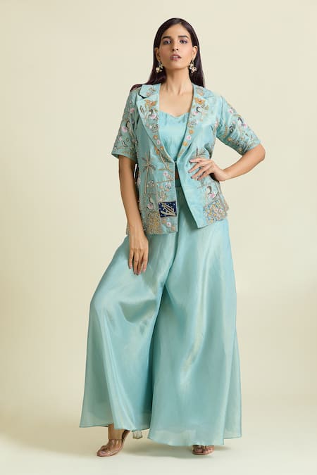 Buy Samyukta Singhania Blue Tissue, Taffeta Sequins, Beads Nature Thread Embroidered Jacket Palazzo Set Online at Aza Fashions Buy_Samyukta Singhania_Blue Tissue, Taffeta Sequins, Beads Nature Thread Embroidered Jacket Palazzo Set _Online_at_Aza_Fashions
