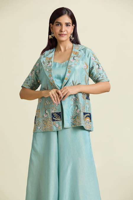Shop Samyukta Singhania Blue Tissue, Taffeta Sequins, Beads Nature Thread Embroidered Jacket Palazzo Set Online at Aza Fashions Shop_Samyukta Singhania_Blue Tissue, Taffeta Sequins, Beads Nature Thread Embroidered Jacket Palazzo Set _Online_at_Aza_Fashions