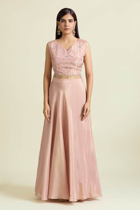 Samyukta Singhania Rose Gold Tissue, Taffeta Sequins, Floral Embroidered Scallop Jacket Lehenga Set Online at Aza Fashions Samyukta Singhania_Rose Gold Tissue, Taffeta Sequins, Floral Embroidered Scallop Jacket Lehenga Set _Online_at_Aza_Fashions