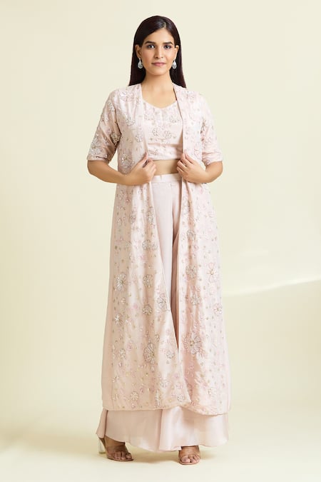 Shop_Samyukta Singhania_Pink Tissue, Taffeta Embroidery, Sequins V-neck, Blossom Embellished Jacket Set _Online_at_Aza_Fashions