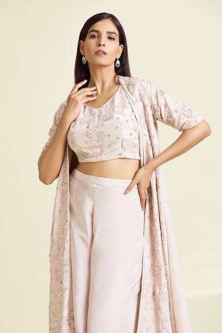 Samyukta Singhania_Pink Tissue, Taffeta Embroidery, Sequins V-neck, Blossom Embellished Jacket Set _at_Aza_Fashions