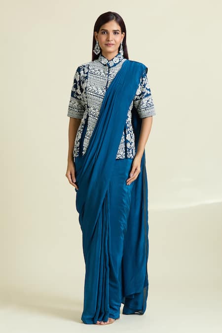 Samyukta Singhania Blue Crepe, Denim, Taffeta Dori Embroidered Slit Blouse Pre-draped Saree Set at Aza Fashions Samyukta Singhania_Blue Crepe, Denim, Taffeta Dori Embroidered Slit Blouse Pre-draped Saree Set _at_Aza_Fashions