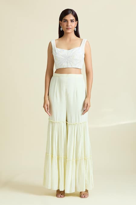 Samyukta Singhania Off White Organza, Net, Crepe, Taffeta Embellished Border Cape Sharara Set Online at Aza Fashions Samyukta Singhania_Off White Organza, Net, Crepe, Taffeta Embellished Border Cape Sharara Set _Online_at_Aza_Fashions