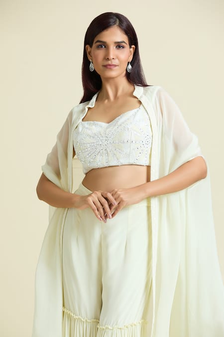 Samyukta Singhania Off White Organza, Net, Crepe, Taffeta Embellished Border Cape Sharara Set at Aza Fashions Samyukta Singhania_Off White Organza, Net, Crepe, Taffeta Embellished Border Cape Sharara Set _at_Aza_Fashions