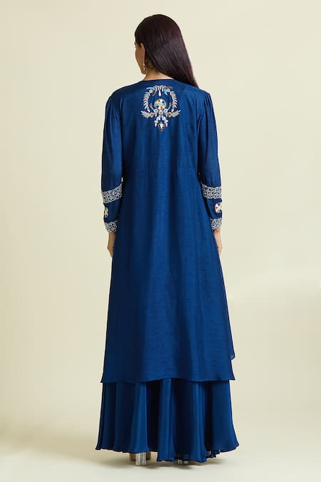 Shop Samyukta Singhania Blue Crepe, Denim, Taffeta Crystals, Embellished Floral Jacket Palazzo Set at Aza Fashions Shop_Samyukta Singhania_Blue Crepe, Denim, Taffeta Crystals, Embellished Floral Jacket Palazzo Set _at_Aza_Fashions