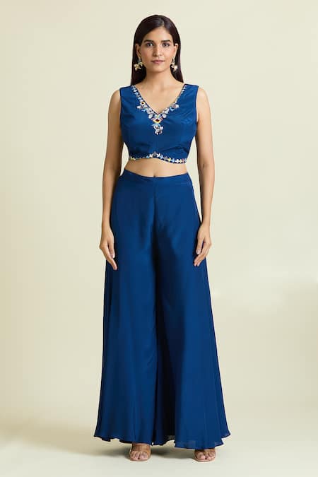 Samyukta Singhania Blue Crepe, Denim, Taffeta Crystals, Embellished Floral Jacket Palazzo Set Online at Aza Fashions Samyukta Singhania_Blue Crepe, Denim, Taffeta Crystals, Embellished Floral Jacket Palazzo Set _Online_at_Aza_Fashions