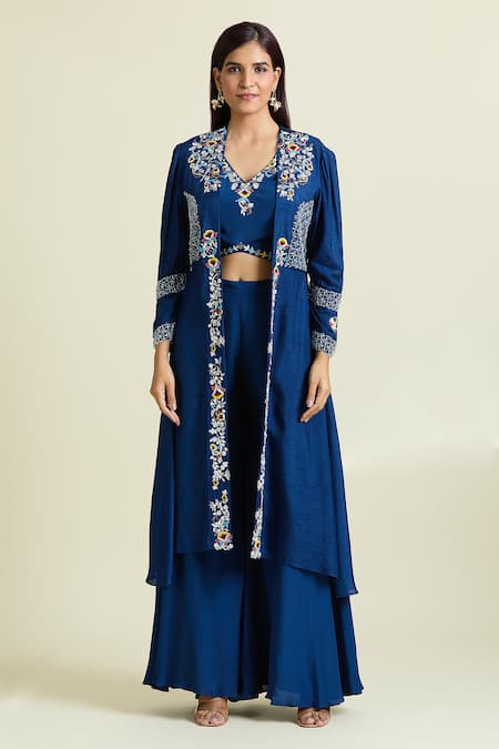 Buy Samyukta Singhania Blue Crepe, Denim, Taffeta Crystals, Embellished Floral Jacket Palazzo Set Online at Aza Fashions Buy_Samyukta Singhania_Blue Crepe, Denim, Taffeta Crystals, Embellished Floral Jacket Palazzo Set _Online_at_Aza_Fashions