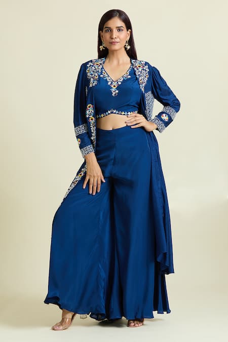 Shop Samyukta Singhania Blue Crepe, Denim, Taffeta Crystals, Embellished Floral Jacket Palazzo Set Online at Aza Fashions Shop_Samyukta Singhania_Blue Crepe, Denim, Taffeta Crystals, Embellished Floral Jacket Palazzo Set _Online_at_Aza_Fashions