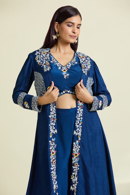 Samyukta Singhania Blue Crepe, Denim, Taffeta Crystals, Embellished Floral Jacket Palazzo Set at Aza Fashions Samyukta Singhania_Blue Crepe, Denim, Taffeta Crystals, Embellished Floral Jacket Palazzo Set _at_Aza_Fashions