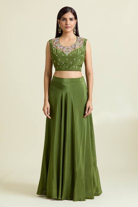 Samyukta Singhania_Green Organza, Tissue, Dabka Thread Embroidered Asymmetric Cape Lehenga Set _Online_at_Aza_Fashions