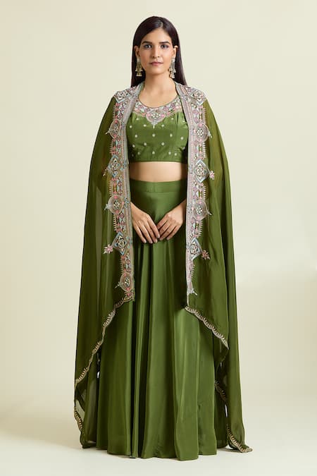 Buy_Samyukta Singhania_Green Organza, Tissue, Dabka Thread Embroidered Asymmetric Cape Lehenga Set _Online_at_Aza_Fashions