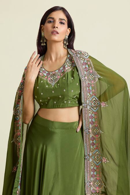 Shop_Samyukta Singhania_Green Organza, Tissue, Dabka Thread Embroidered Asymmetric Cape Lehenga Set _Online_at_Aza_Fashions