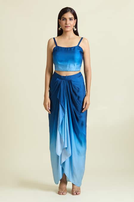 Samyukta Singhania Blue Modal, Satin Sequins, Embellished Scalloped Cape Ombre Draped Skirt Set Online at Aza Fashions Samyukta Singhania_Blue Modal, Satin Sequins, Embellished Scalloped Cape Ombre Draped Skirt Set _Online_at_Aza_Fashions