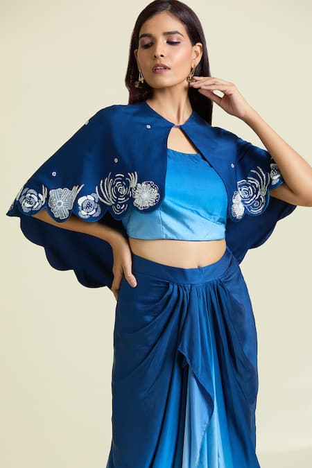 Buy Samyukta Singhania Blue Modal, Satin Sequins, Embellished Scalloped Cape Ombre Draped Skirt Set Online at Aza Fashions Buy_Samyukta Singhania_Blue Modal, Satin Sequins, Embellished Scalloped Cape Ombre Draped Skirt Set _Online_at_Aza_Fashions