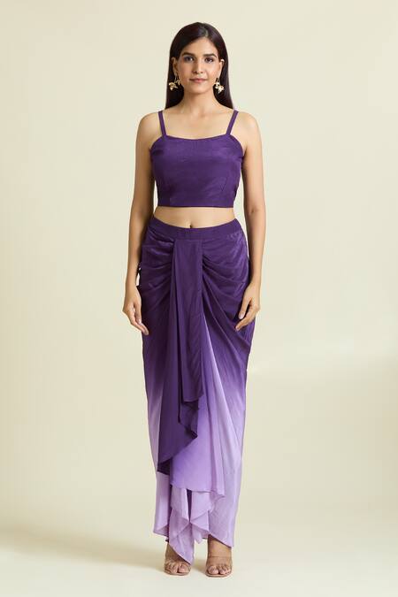 Samyukta Singhania_Purple Crepe, Taffeta Sequins, Embellished Floral Jacket Ombre Draped Skirt Set _Online_at_Aza_Fashions