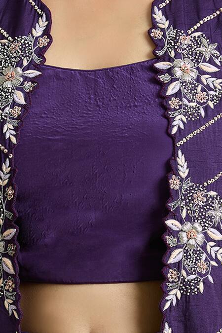Buy_Samyukta Singhania_Purple Crepe, Taffeta Sequins, Embellished Floral Jacket Ombre Draped Skirt Set _Online_at_Aza_Fashions