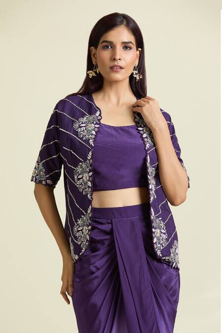 Shop_Samyukta Singhania_Purple Crepe, Taffeta Sequins, Embellished Floral Jacket Ombre Draped Skirt Set _Online_at_Aza_Fashions