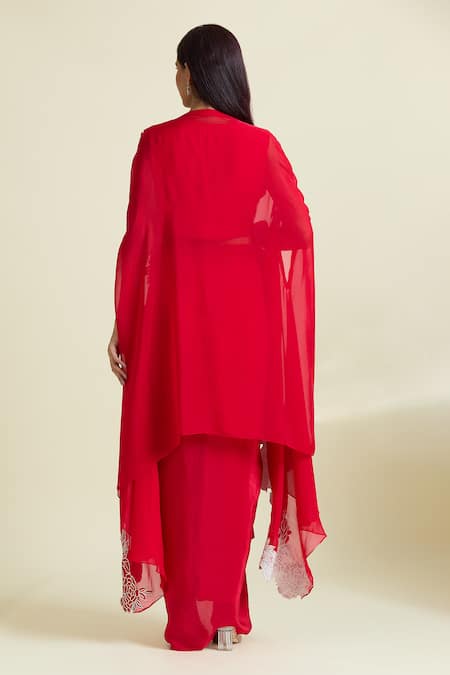 Shop_Samyukta Singhania_Red Organza, Crepe Embroidery Asymmetric Thread Border Cape Draped Skirt _at_Aza_Fashions