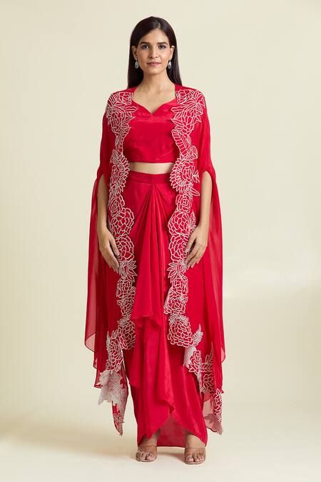 Shop_Samyukta Singhania_Red Organza, Crepe Embroidery Asymmetric Thread Border Cape Draped Skirt _Online_at_Aza_Fashions