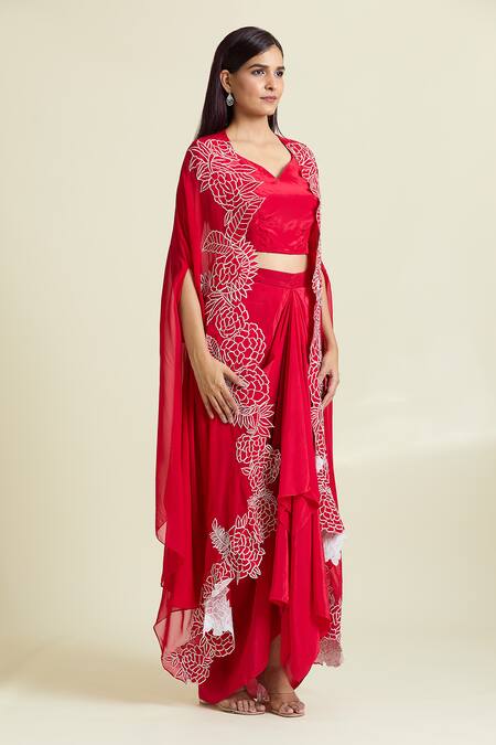 Samyukta Singhania_Red Organza, Crepe Embroidery Asymmetric Thread Border Cape Draped Skirt _at_Aza_Fashions
