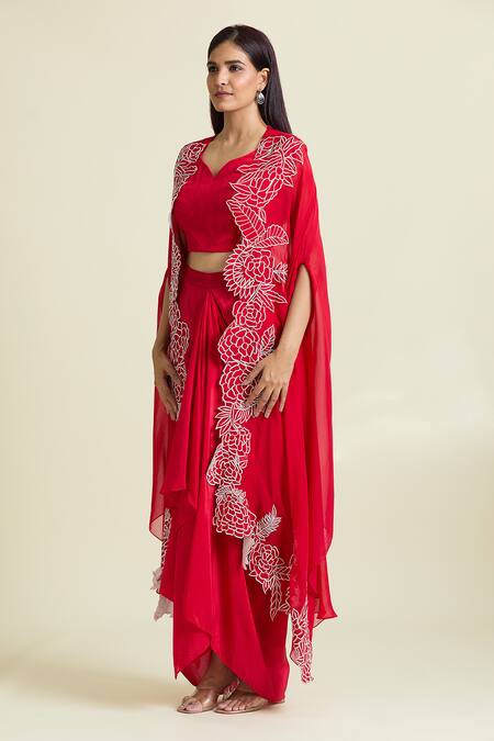 Buy_Samyukta Singhania_Red Organza, Crepe Embroidery Asymmetric Thread Border Cape Draped Skirt 