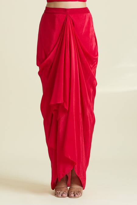 Shop_Samyukta Singhania_Red Organza, Crepe Embroidery Asymmetric Thread Border Cape Draped Skirt 