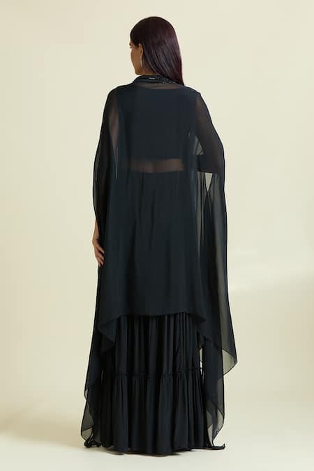 Shop Samyukta Singhania Black Organza, Crepe, Taffeta Beads, Embellished Border Cape Sharara Set at Aza Fashions Shop_Samyukta Singhania_Black Organza, Crepe, Taffeta Beads, Embellished Border Cape Sharara Set _at_Aza_Fashions