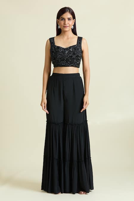 Samyukta Singhania Black Organza, Crepe, Taffeta Beads, Embellished Border Cape Sharara Set Online at Aza Fashions Samyukta Singhania_Black Organza, Crepe, Taffeta Beads, Embellished Border Cape Sharara Set _Online_at_Aza_Fashions