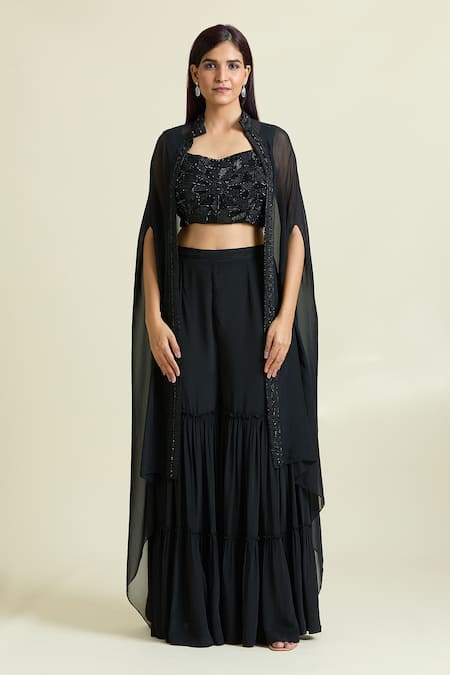 Buy Samyukta Singhania Black Organza, Crepe, Taffeta Beads, Embellished Border Cape Sharara Set Online at Aza Fashions Buy_Samyukta Singhania_Black Organza, Crepe, Taffeta Beads, Embellished Border Cape Sharara Set _Online_at_Aza_Fashions