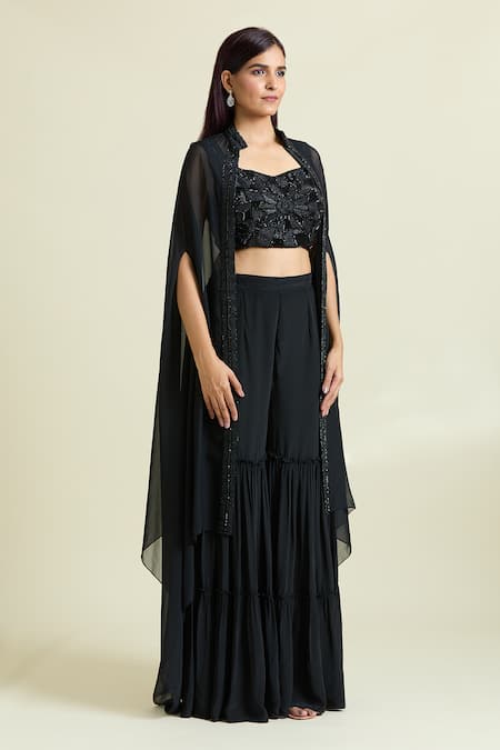 Shop Samyukta Singhania Black Organza, Crepe, Taffeta Beads, Embellished Border Cape Sharara Set Online at Aza Fashions Shop_Samyukta Singhania_Black Organza, Crepe, Taffeta Beads, Embellished Border Cape Sharara Set _Online_at_Aza_Fashions