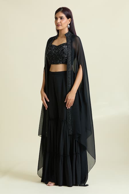 Samyukta Singhania Black Organza, Crepe, Taffeta Beads, Embellished Border Cape Sharara Set at Aza Fashions Samyukta Singhania_Black Organza, Crepe, Taffeta Beads, Embellished Border Cape Sharara Set _at_Aza_Fashions