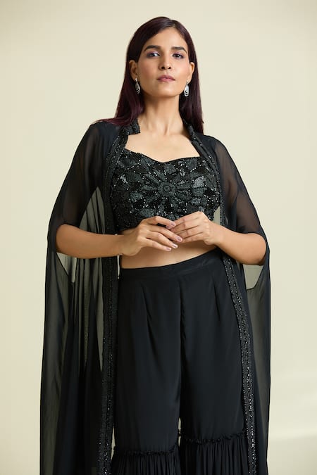 Buy Samyukta Singhania Black Organza, Crepe, Taffeta Beads, Embellished Border Cape Sharara Set Buy_Samyukta Singhania_Black Organza, Crepe, Taffeta Beads, Embellished Border Cape Sharara Set