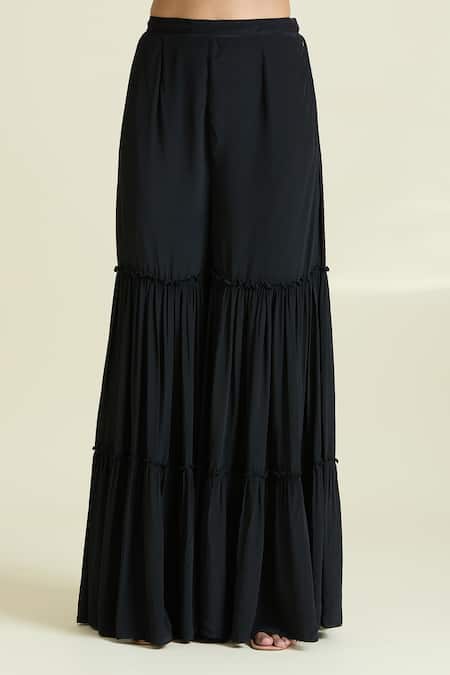 Shop Samyukta Singhania Black Organza, Crepe, Taffeta Beads, Embellished Border Cape Sharara Set Shop_Samyukta Singhania_Black Organza, Crepe, Taffeta Beads, Embellished Border Cape Sharara Set