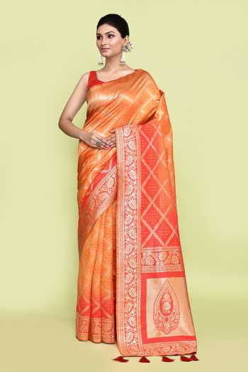 Buy_Samyukta Singhania_Orange Silk Foil Printing Saree With Unstitched Blouse Piece _Online_at_Aza_Fashions