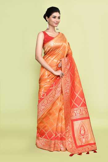 Shop_Samyukta Singhania_Orange Silk Foil Printing Saree With Unstitched Blouse Piece _Online_at_Aza_Fashions