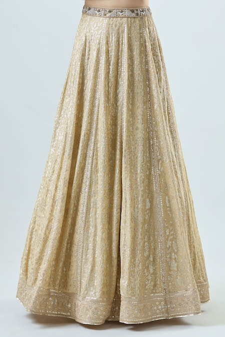 Samyukta Singhania_Gold Net, Georgette Sequins, Beads Floral Vine Embroidered Bridal Lehenga Set _Online_at_Aza_Fashions