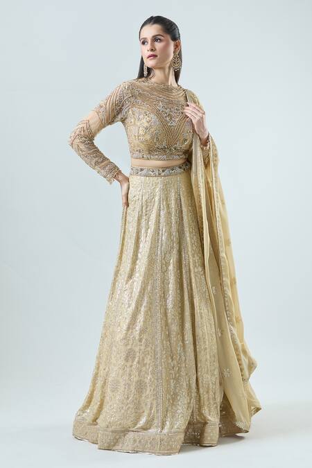 Buy_Samyukta Singhania_Gold Net, Georgette Sequins, Beads Floral Vine Embroidered Bridal Lehenga Set _Online_at_Aza_Fashions