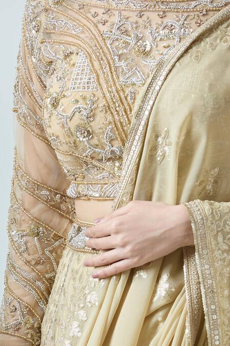Samyukta Singhania_Gold Net, Georgette Sequins, Beads Floral Vine Embroidered Bridal Lehenga Set _at_Aza_Fashions